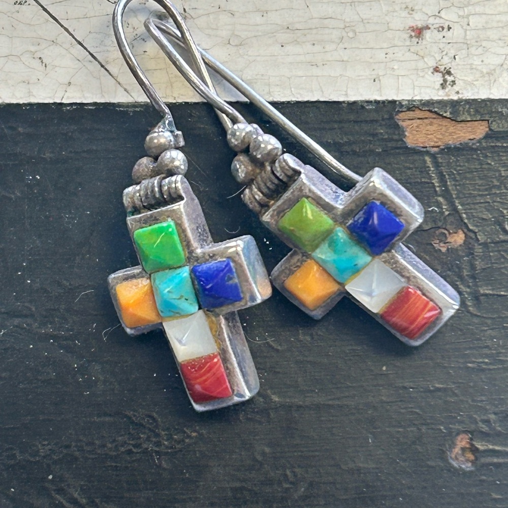 Vintage Taxco Sterling Silver Navajo Multi Stone Cross Earrings